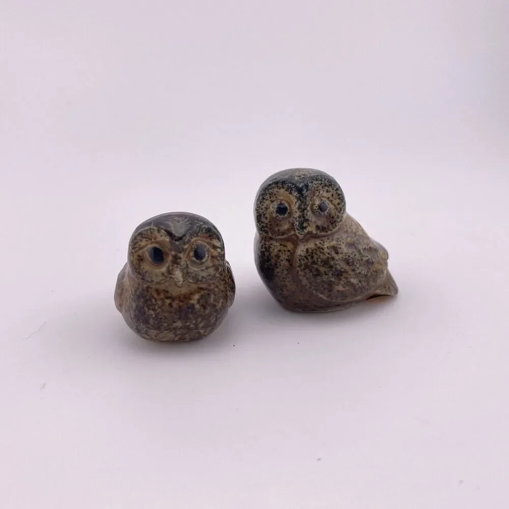 2 Vintage Adorable Miniature Owl Figurines Brown Earthtones 1